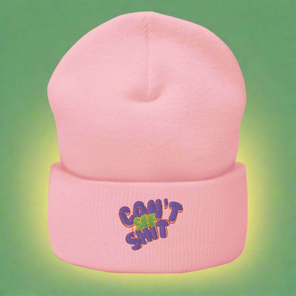 Pink "Can't See Sh*t" beanie with bold purple and green embroidered text, unisex streetwear fashion accessory for urban style