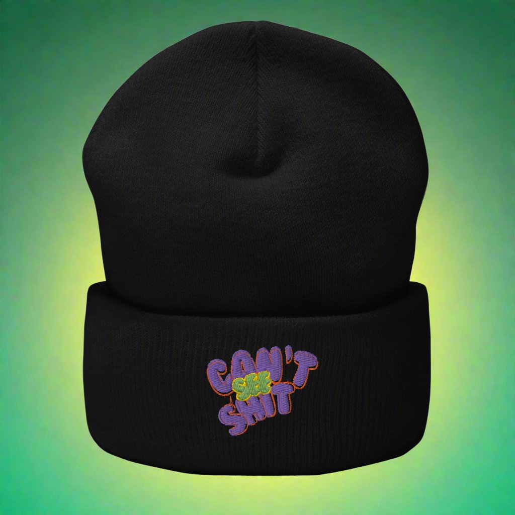 Black "Can't See Sh*t" beanie with bold purple and green embroidered text, unisex streetwear fashion accessory for urban style