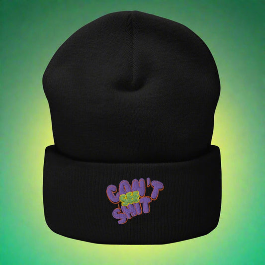 Black "Can't See Sh*t" beanie with bold purple and green embroidered text, unisex streetwear fashion accessory for urban style