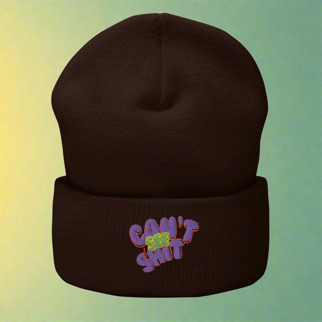 Brown "Can't See Sh*t" beanie with bold purple and green embroidered text, unisex streetwear fashion accessory for urban style