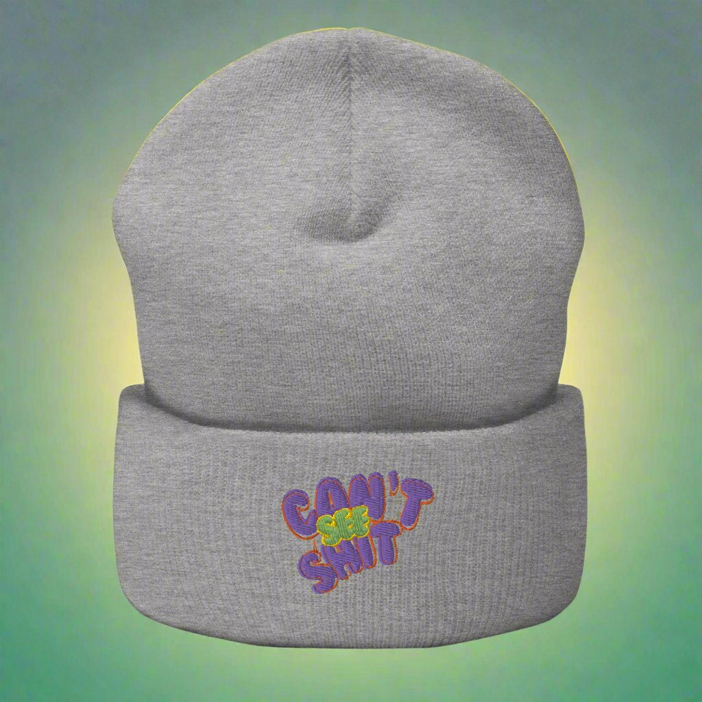 Heather Grey "Can't See Sh*t" beanie with bold purple and green embroidered text, unisex streetwear fashion accessory for urban style