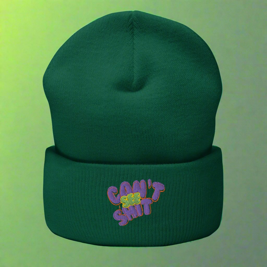 Spruce "Can't See Sh*t" beanie with bold purple and green embroidered text, unisex streetwear fashion accessory for urban style