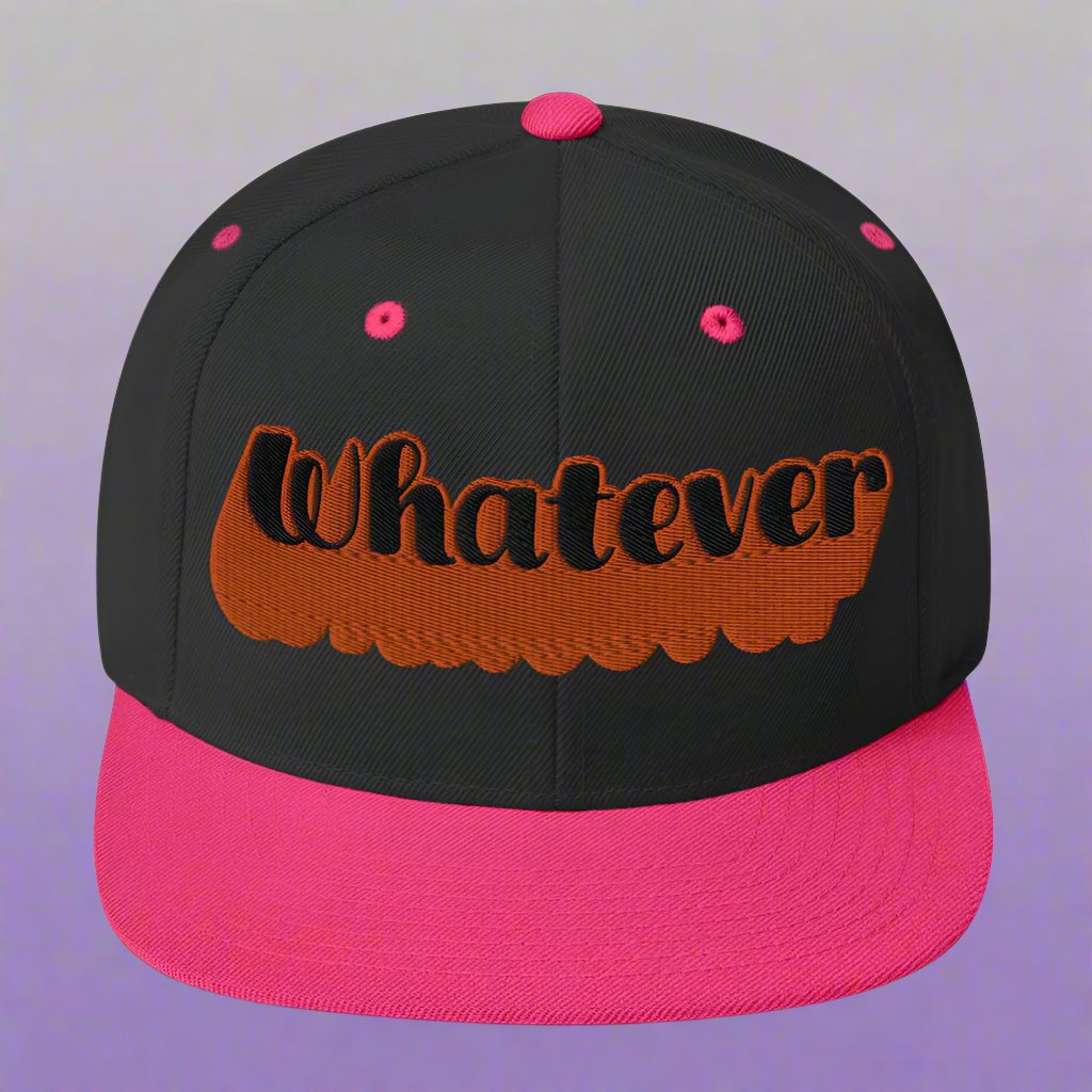 "Whatever" Snapback Hat in pink with bold orange embroidered text, perfect for streetwear fashion.