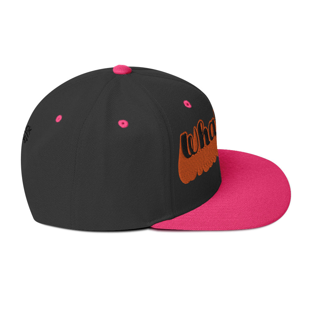 "Whatever" Snapback Hat in pink with bold orange embroidered text, perfect for streetwear fashion.