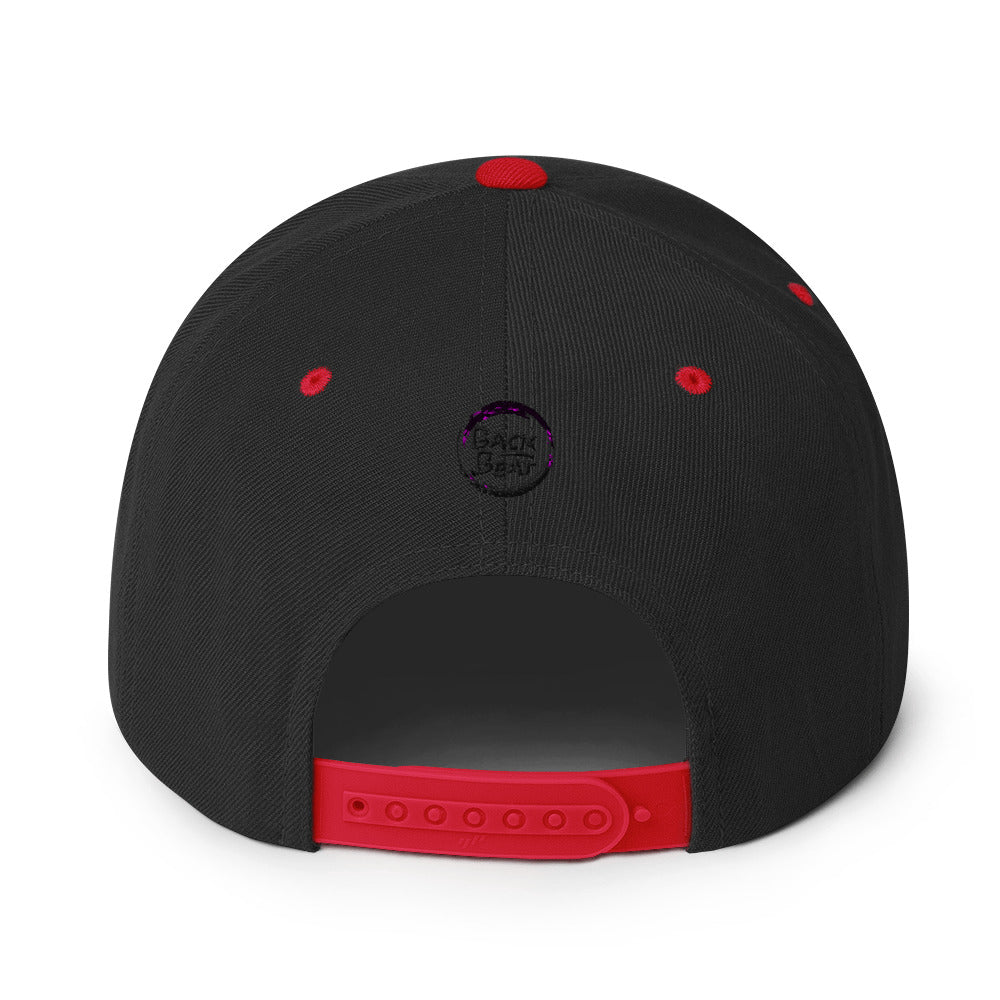 black and red snapback cap with bold glitch-style "No BPM Limit" embroidery in red and blue, designed for electronic music fans and streetwear enthusiasts.t mockup