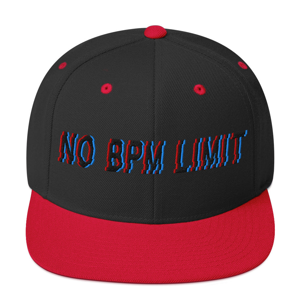 black and red snapback cap with bold glitch-style "No BPM Limit" embroidery in red and blue, designed for electronic music fans and streetwear enthusiasts.t mockup