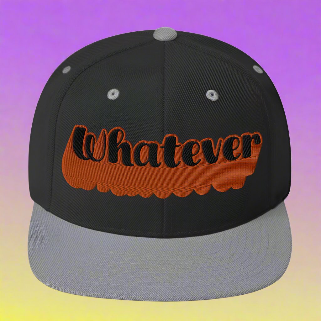 "Whatever" Snapback Hat in silver with bold orange embroidered text, perfect for streetwear fashion.