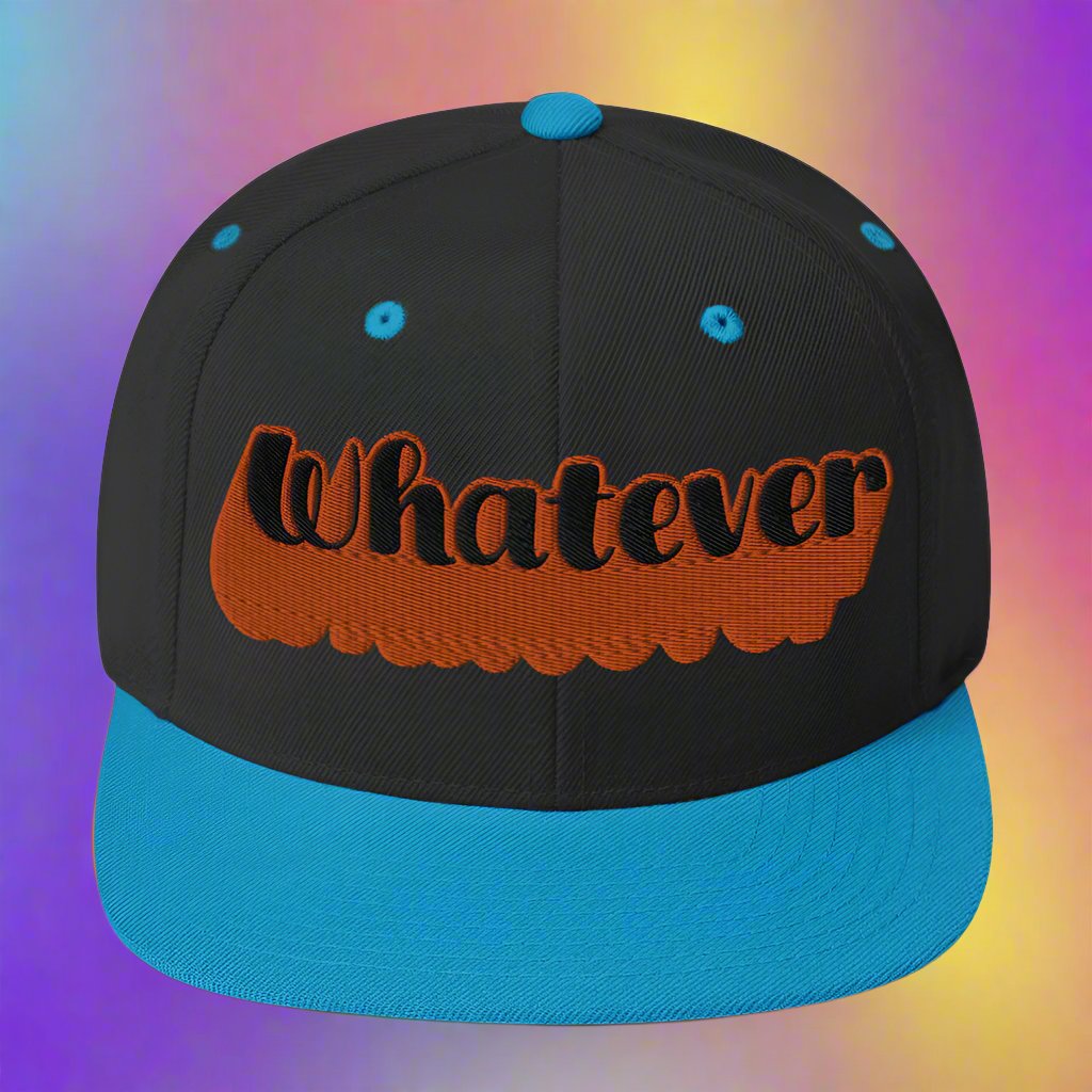 "Whatever" Snapback Hat in teal with bold orange embroidered text, perfect for streetwear fashion.