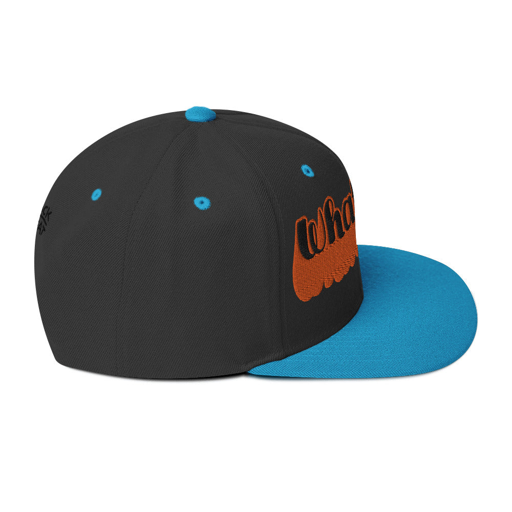 "Whatever" Snapback Hat in teal with bold orange embroidered text, perfect for streetwear fashion.