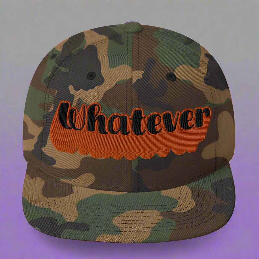 "Whatever" Snapback Hat in camo with bold orange embroidered text, perfect for streetwear fashion.