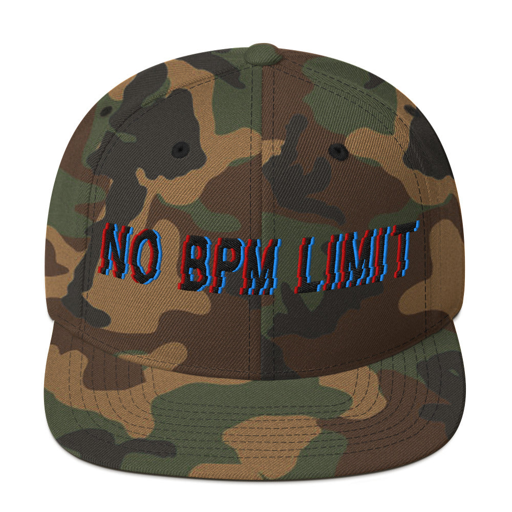 camo snapback cap with bold glitch-style "No BPM Limit" embroidery in red and blue, designed for electronic music fans and streetwear enthusiasts.t mockup