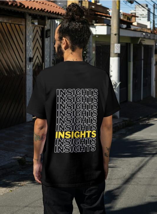 Black T-shirt with the word ‘INSIGHTS’ repeated in white text and one instance highlighted in yellow