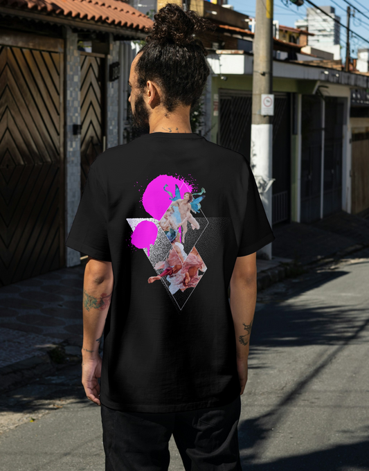 Black T-shirt with a surreal collage of butterflies in spray paint design