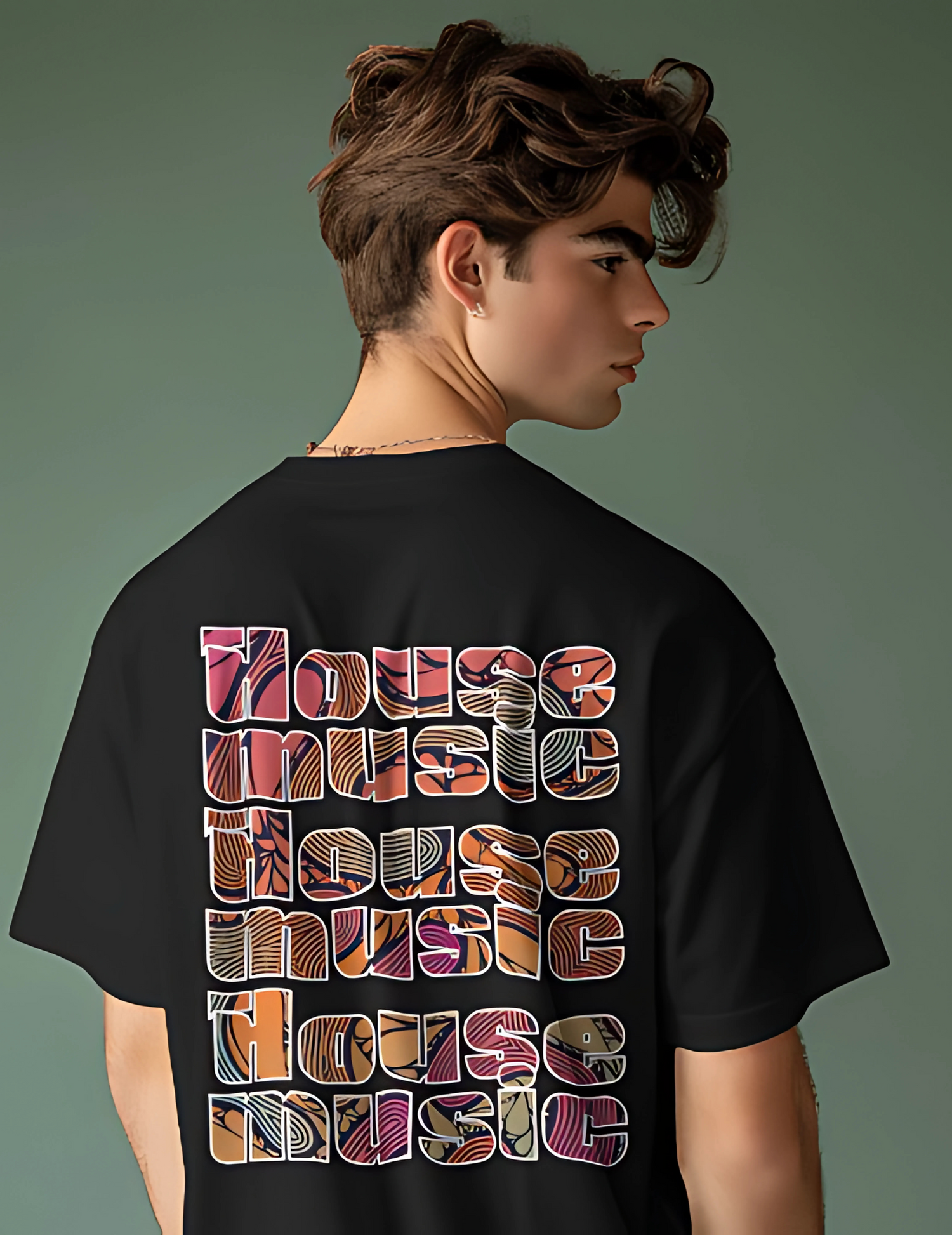 House Music Black T-Shirt with vibrant multi-color typography design featuring bold "House Music" text for music lovers.