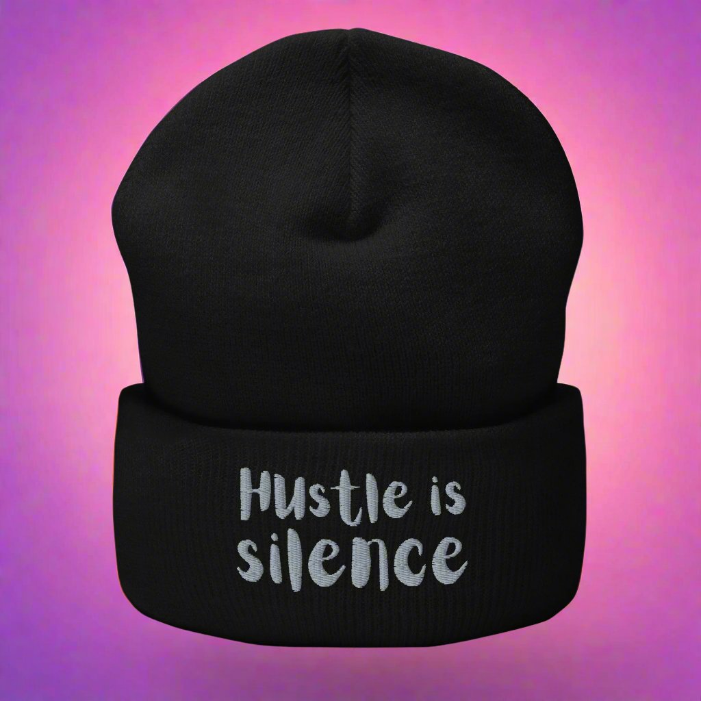 Black beanie with "Hustle is Silence" embroidered text – unisex, streetwear style, hypoallergenic, 12" length