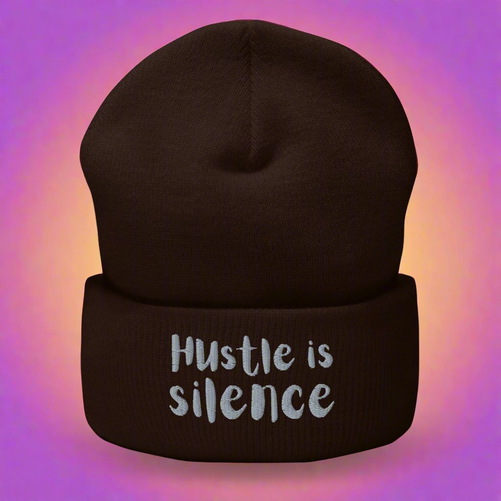 Brown beanie with "Hustle is Silence" embroidered text – unisex, streetwear style, hypoallergenic, 12" length