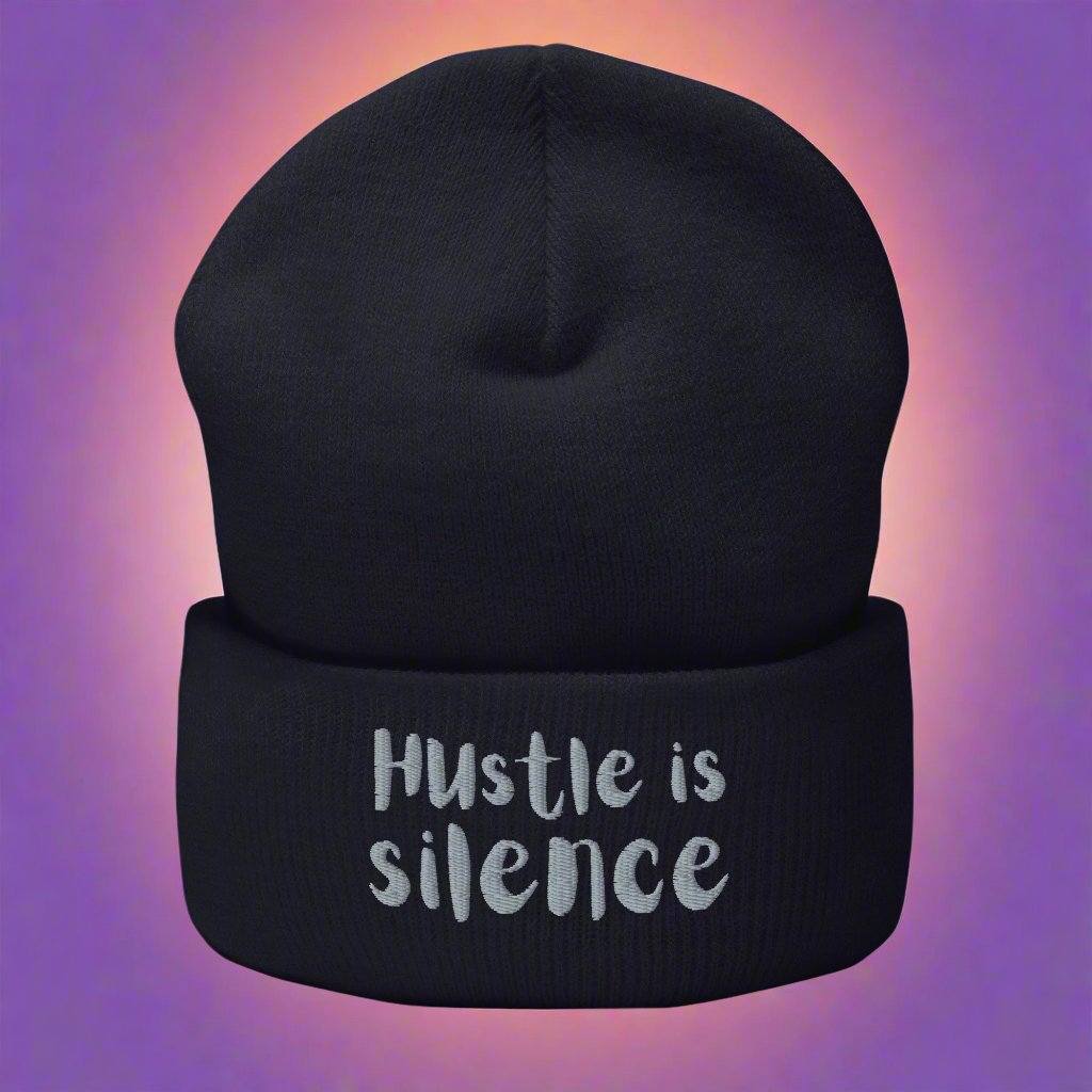 Navy beanie with "Hustle is Silence" embroidered text – unisex, streetwear style, hypoallergenic, 12" length