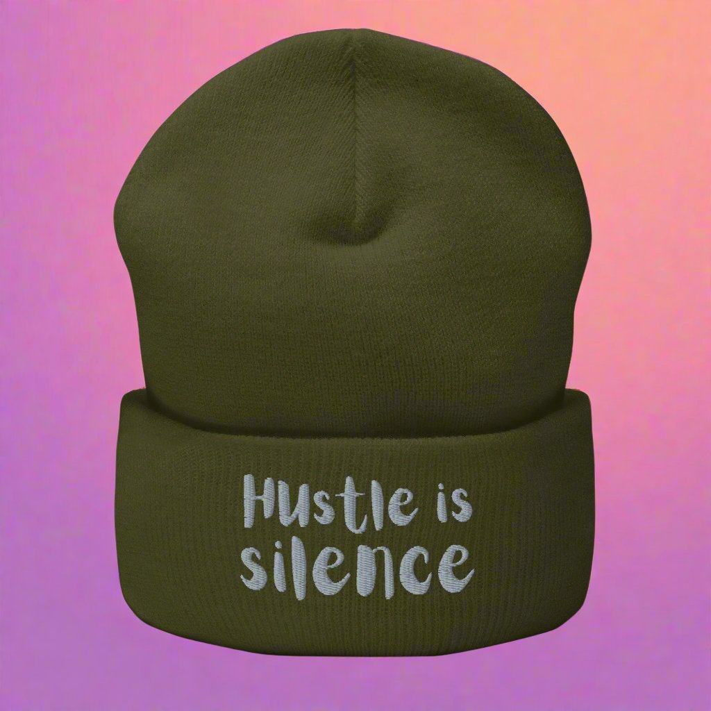 Olive beanie with "Hustle is Silence" embroidered text – unisex, streetwear style, hypoallergenic, 12" length