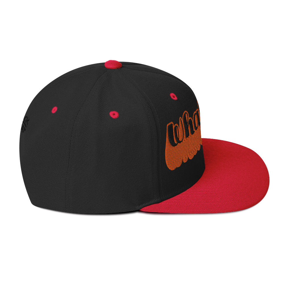 "Whatever" Snapback Hat in red with bold orange embroidered text, perfect for streetwear fashion.