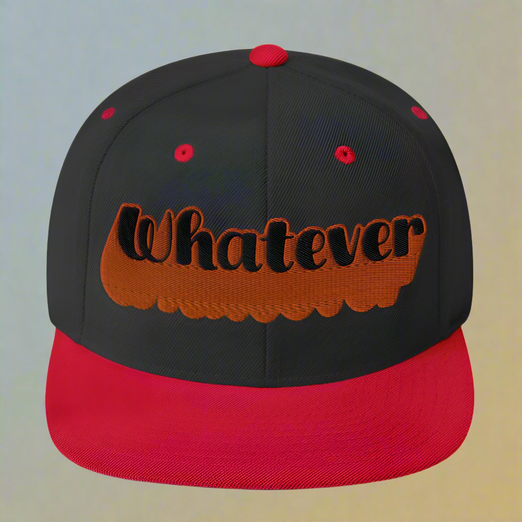 "Whatever" Snapback Hat in red with bold orange embroidered text, perfect for streetwear fashion.