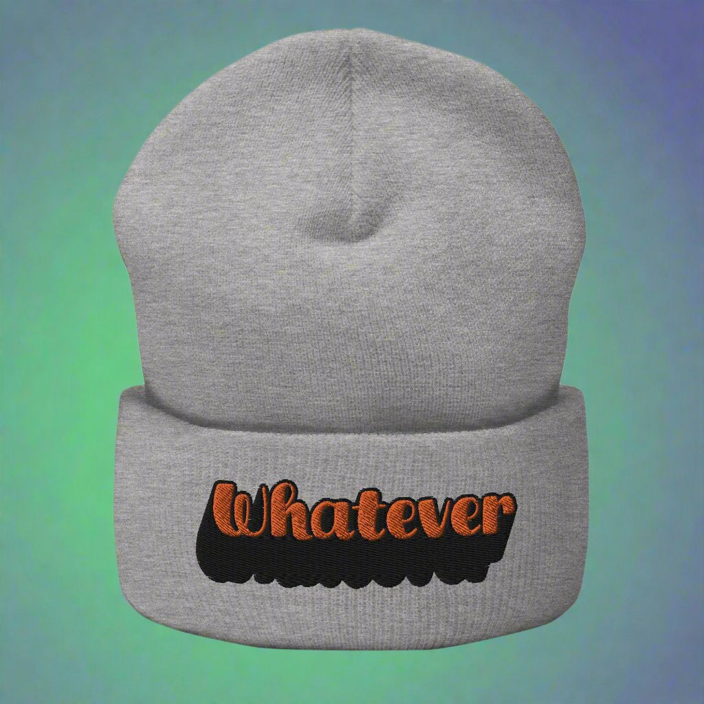 Heather gray beanie with 'Whatever' text embroidered in orange and black, trendy typography streetwear accessory.