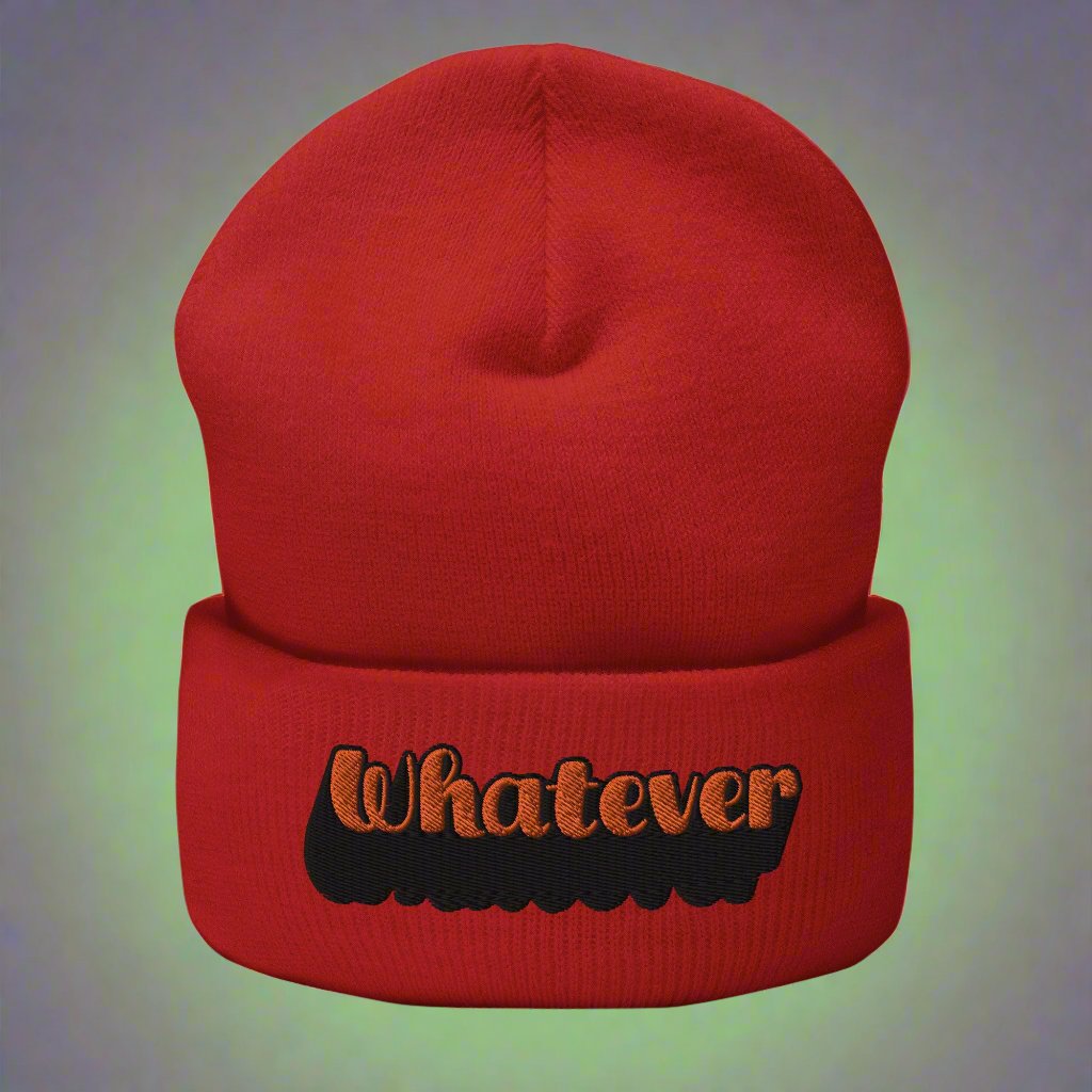 red beanie with 'Whatever' text embroidered in orange and black, trendy typography streetwear accessory.