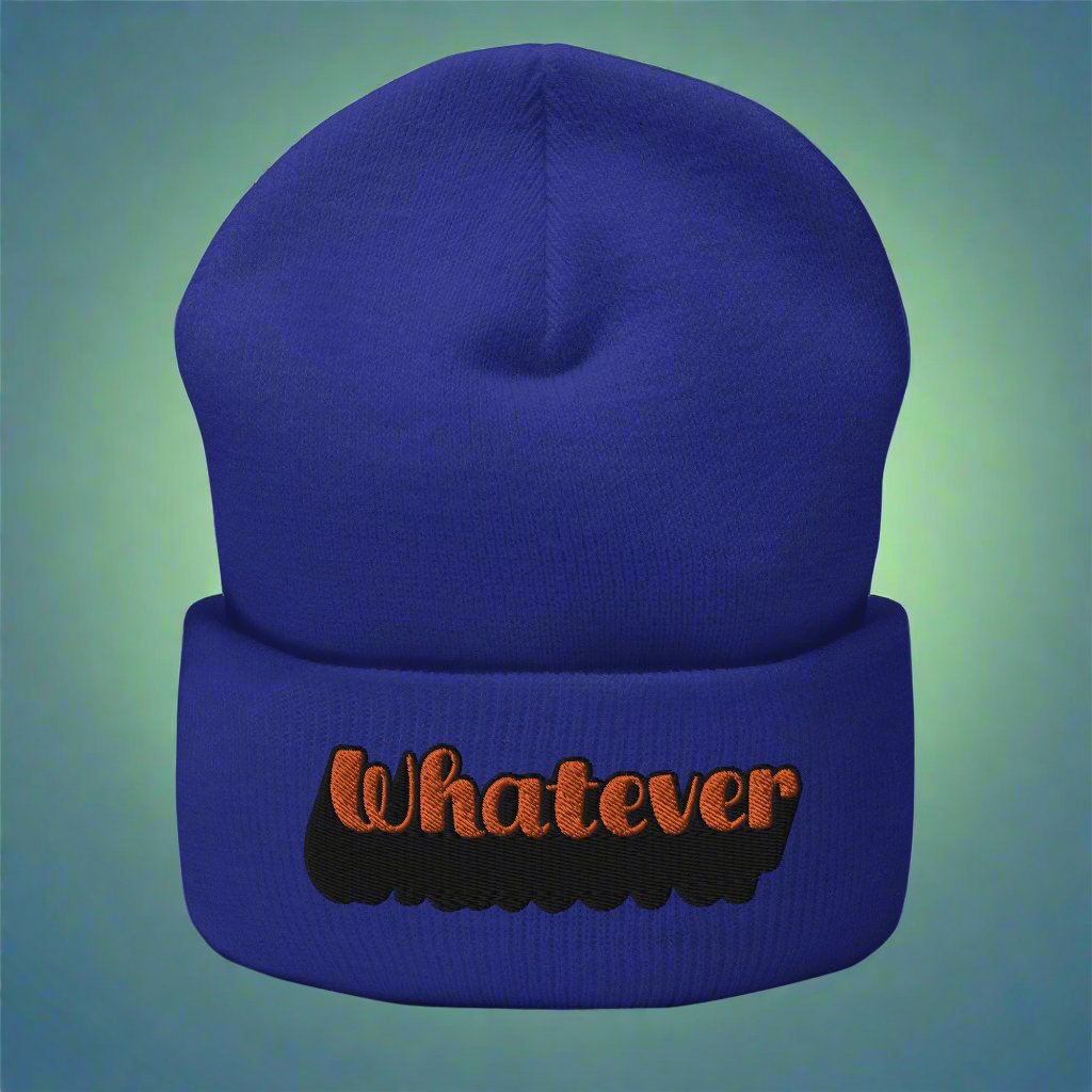 Royal beanie with 'Whatever' text embroidered in orange and black, trendy typography streetwear accessory.