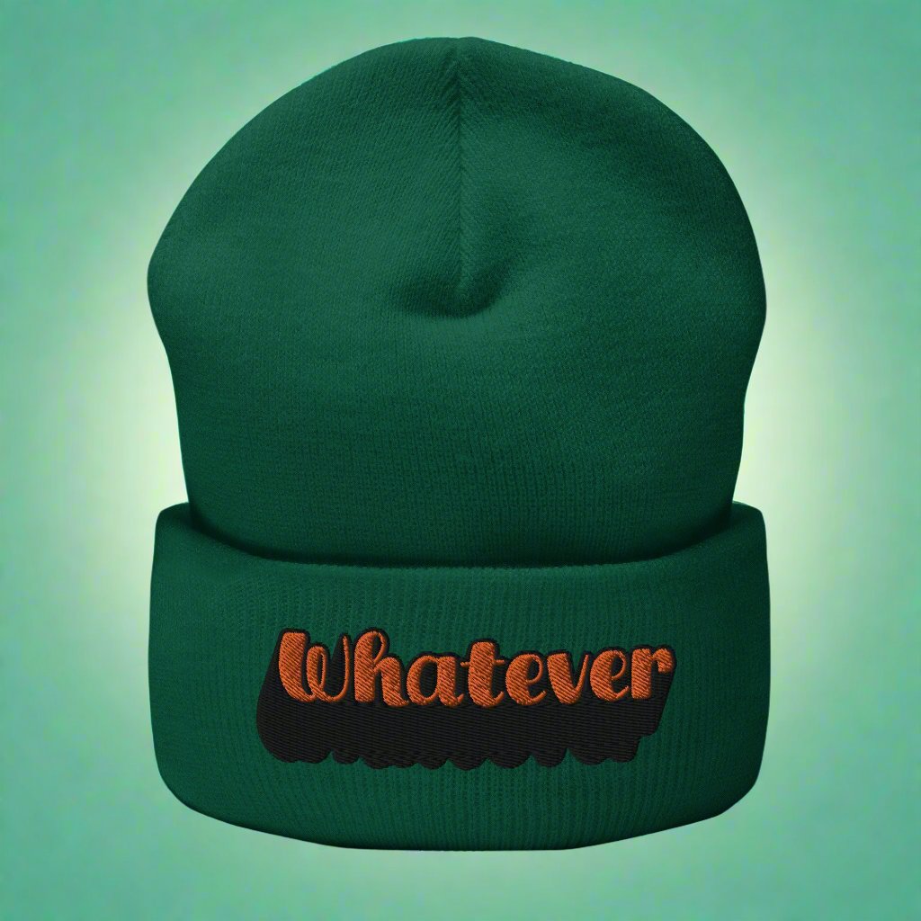 Spruce beanie with 'Whatever' text embroidered in orange and black, trendy typography streetwear accessory.