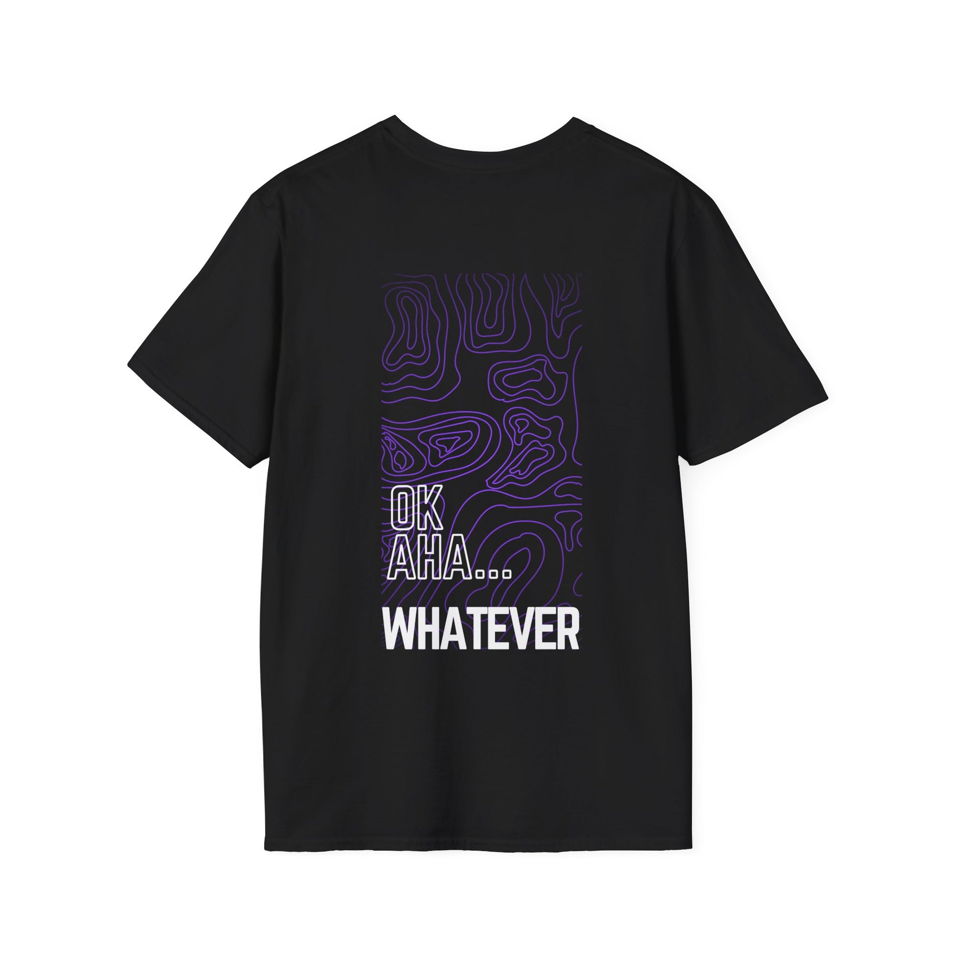 OK AHA...WHATEVER black T-Shirt featuring abstract purple contour lines and bold white typography, perfect for streetwear and laid-back vibes.